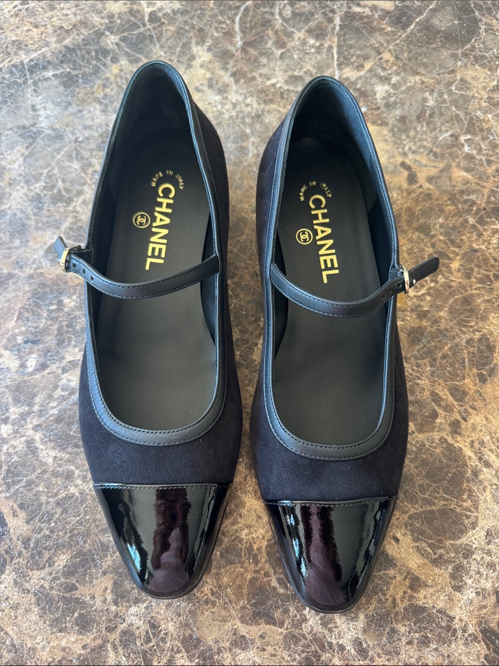 Chanel 24k black suede patent cap toe ballet ballerina Mary Jane flats sz 39